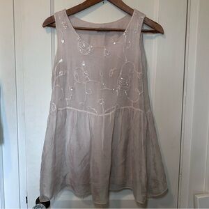 Angela Moda Beige Silk Tank with Sheer Overlay with Floral Embroidery & Sequins
